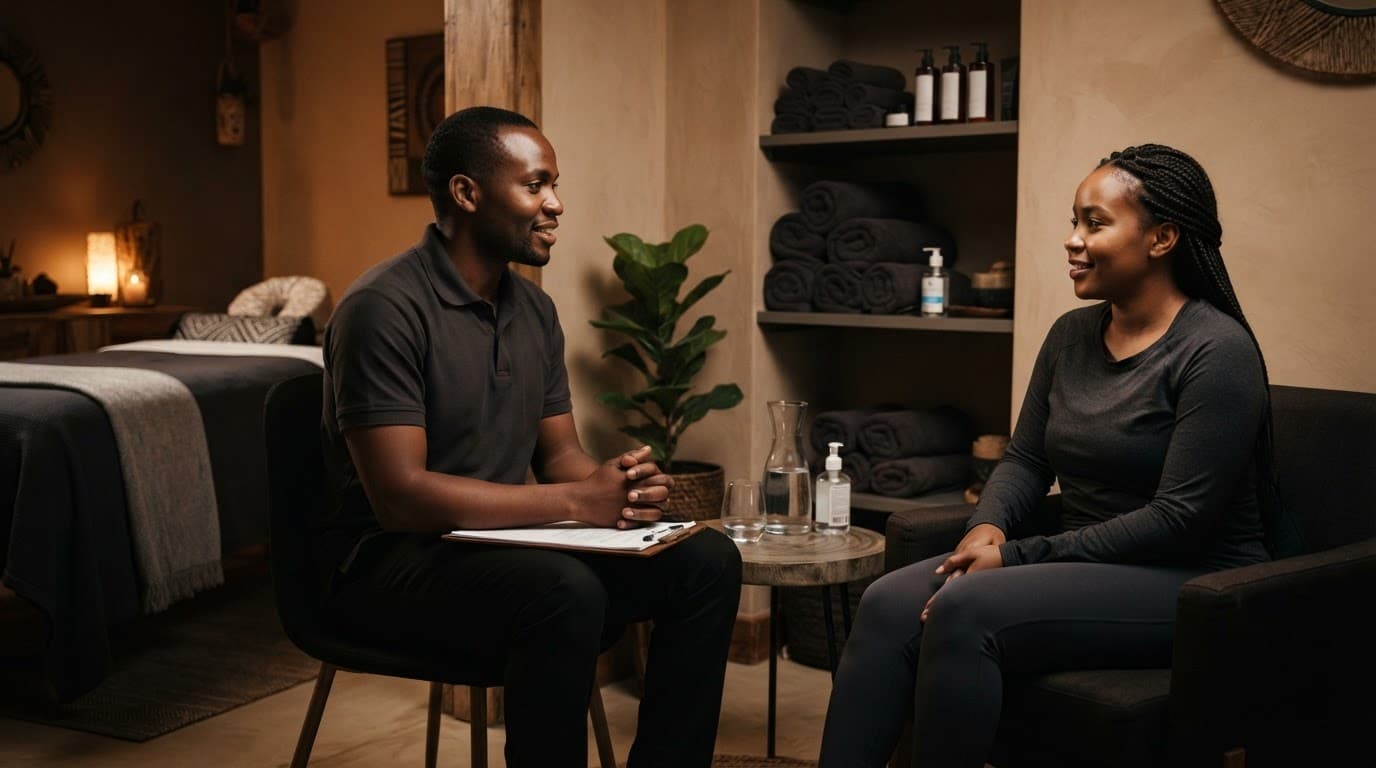 A client and therapist discuss massage preferences in a professional spa.