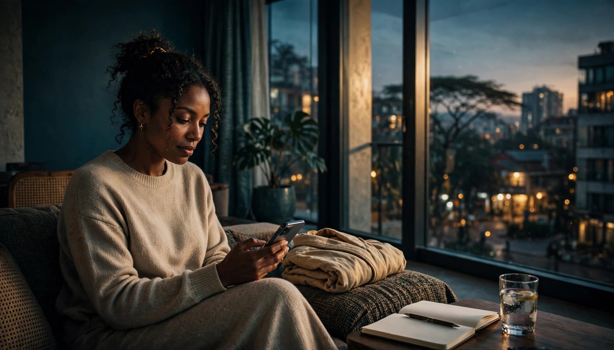 Woman holding a phone beside a notebook, water glass, and folded robe.